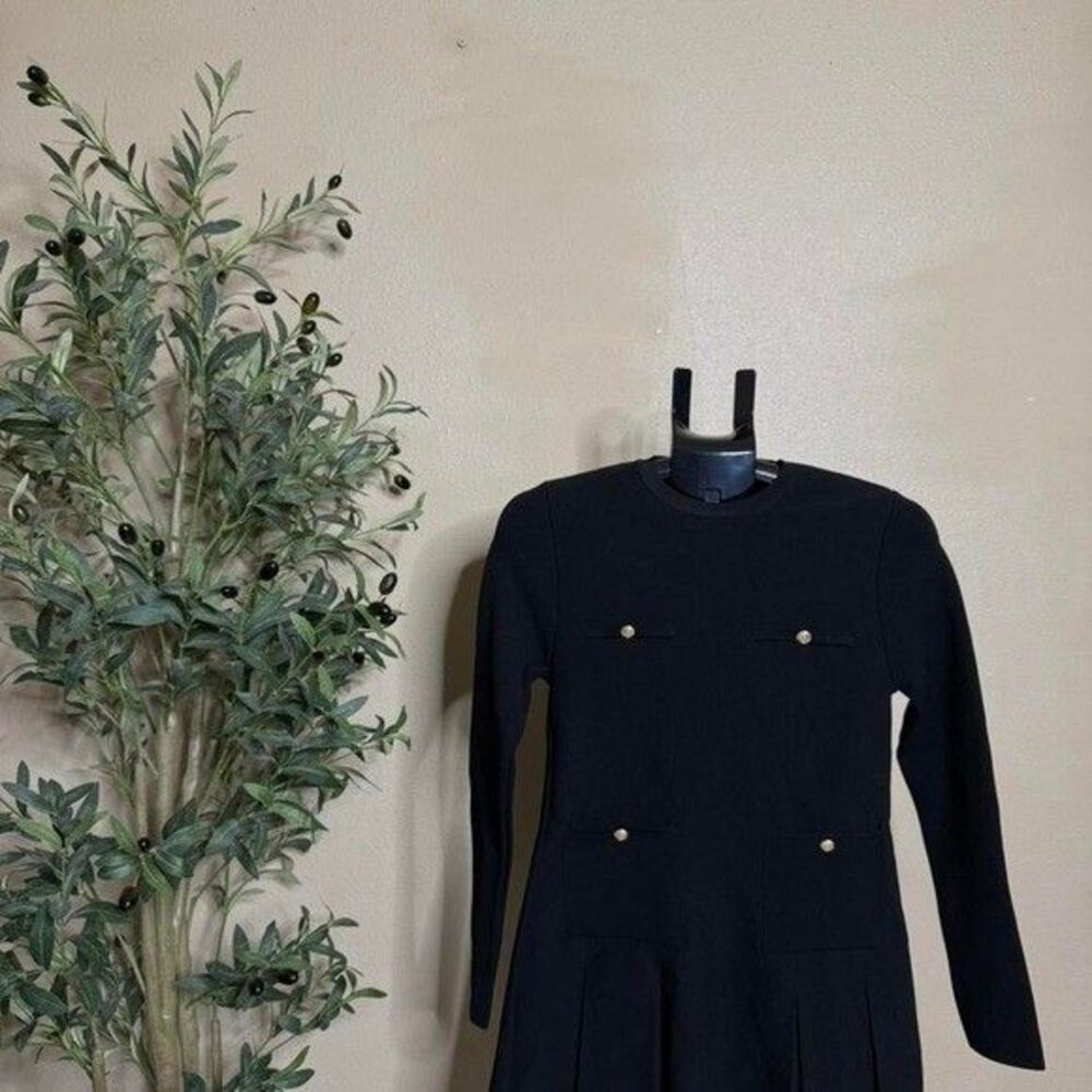 Zara Women Black Long Sleeve Pleated Mini Dress Gold Button Detail Small
